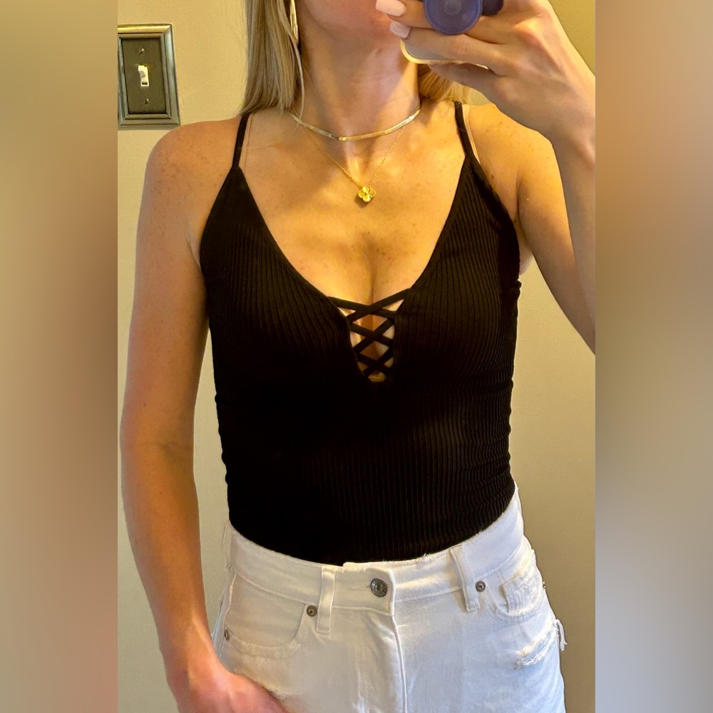 Intimately by Free People Black Seamless Ribbed Cross Front Camisole